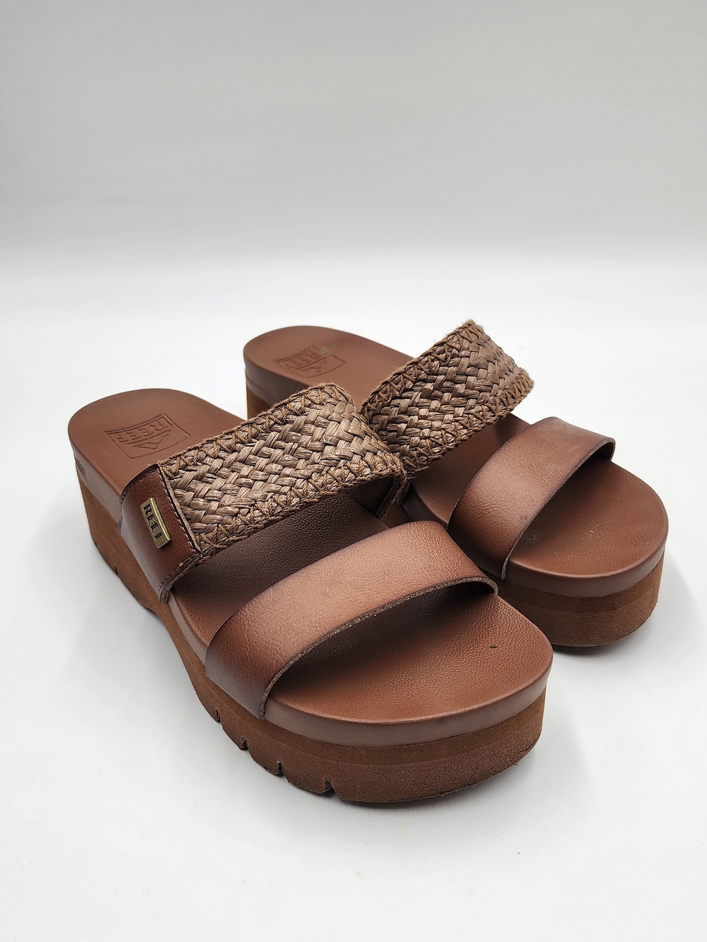 Reef Brown Woven Two-Band Platform Slide Sandals